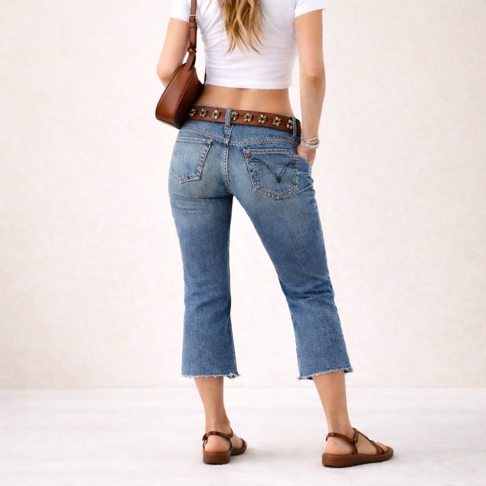 Y2K Low Rise Capri Flare Jeans Vintage Asymmetric Pocket Denim Sz 32
